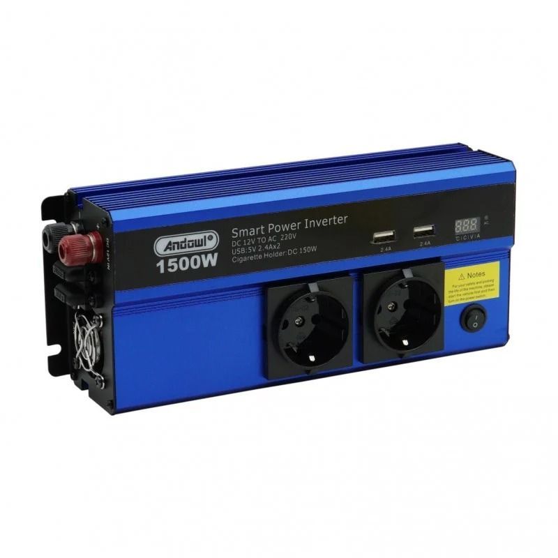 Andowl QY-7012 Inverter Αυτοκινήτου 1500W – Έξυπνος Μετατροπέας Ρεύματος με 2 Πρίζες Σούκο- Smart Power Inverter