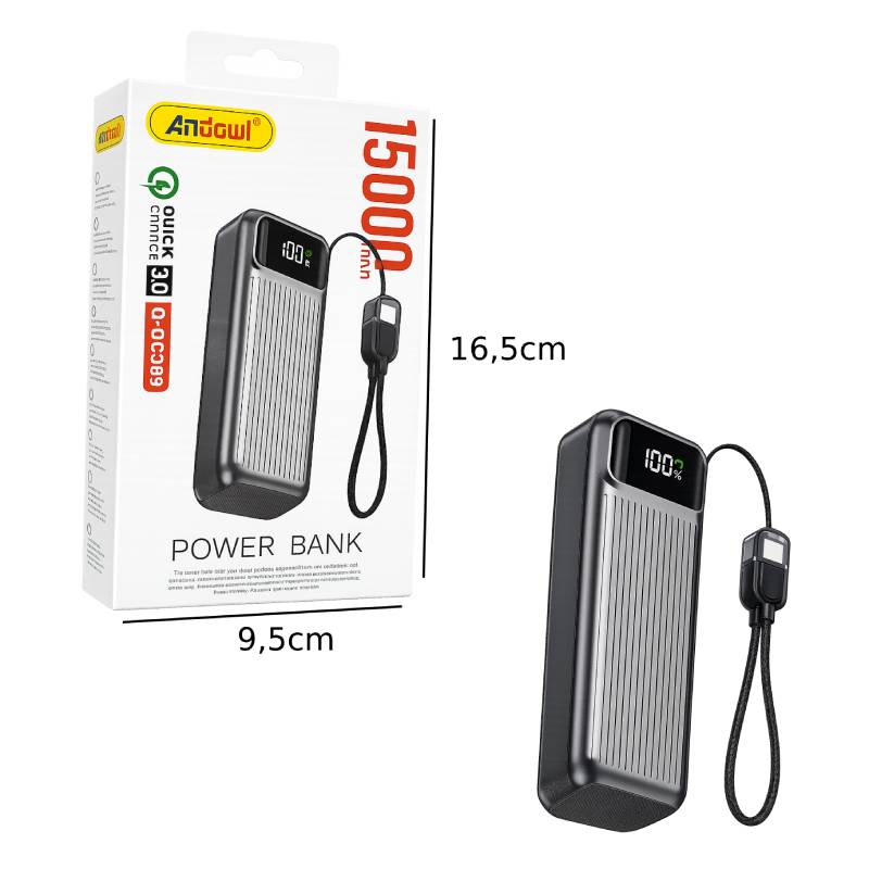 Andowl Power Bank 15000mAh Ταχείας Φόρτισης με Ψηφιακή Οθόνη & Ενσωματωμένο Καλώδιο Q-DC389 - Fast Charging Power Bank with Digital Display