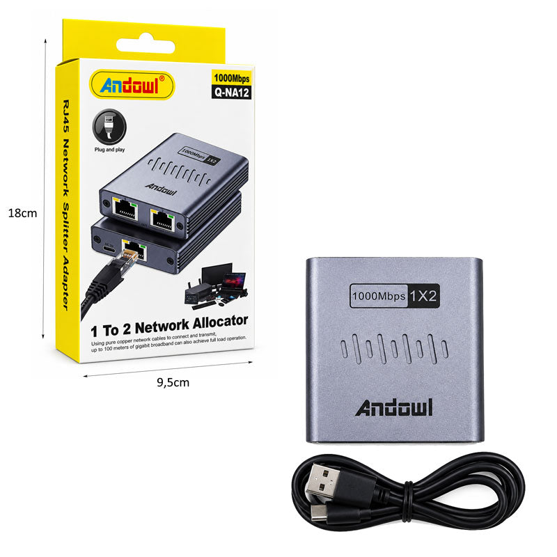 Andowl Διακλαδωτής Δικτύου 1 σε 2 Gigabit με USB Type-C Q-NA12 - Network Splitter with USB Type-C