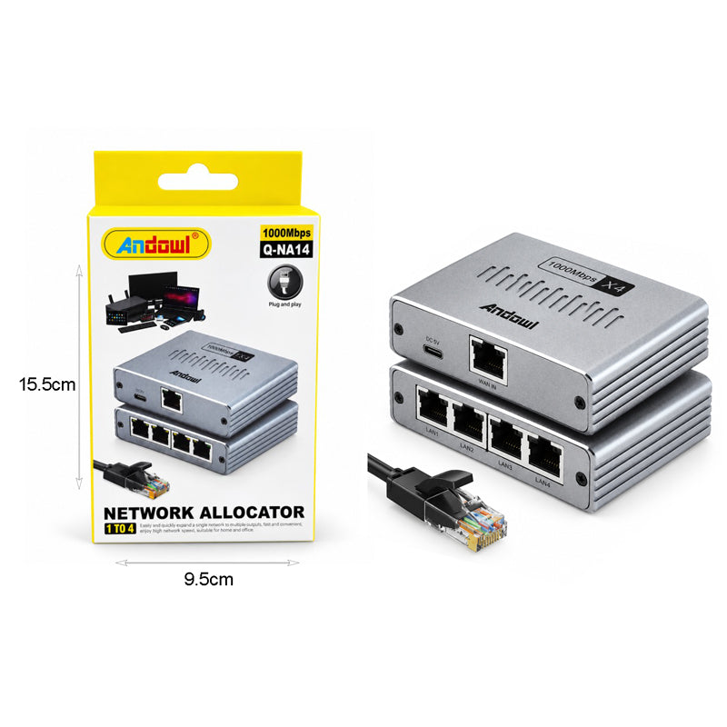Andowl Επαναλήπτης Δικτύου Gigabit Ethernet 1 σε 4 1000Mbps Q-NA14- Gigabit Ethernet 1 to 4 Network Splitter 1000Mbps
