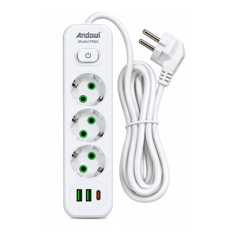 Andowl Πολύπριζο 3 Θέσεων με 2 USB, 1 Type-C, Διακόπτη ON/OFF και Καλώδιο 2m 2500W PX8A - 3 Socket Power Socket