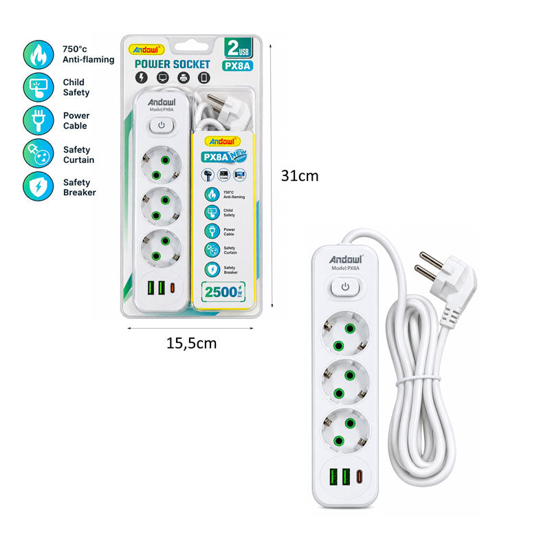 Andowl Πολύπριζο 3 Θέσεων με 2 USB, 1 Type-C, Διακόπτη ON/OFF και Καλώδιο 2m 2500W PX8A - 3 Socket Power Socket