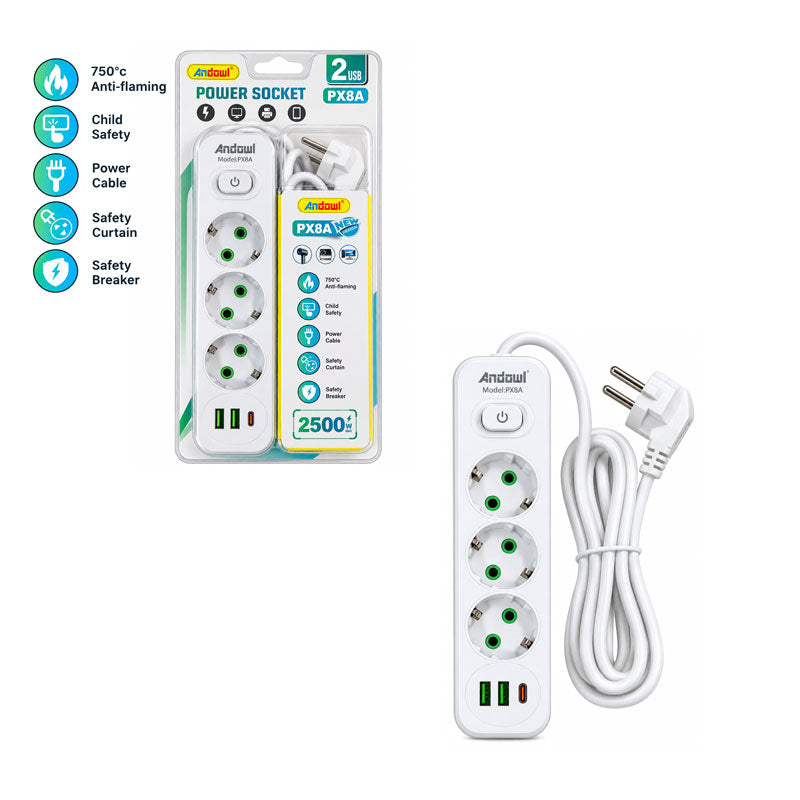 Andowl Πολύπριζο 3 Θέσεων με 2 USB, 1 Type-C, Διακόπτη ON/OFF και Καλώδιο 2m 2500W PX8A - 3 Socket Power Socket