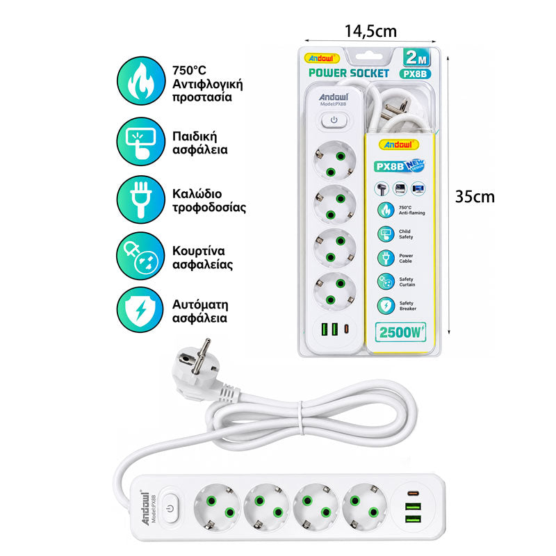 Andowl Πολύπριζο 4 Θέσεων με 2 USB, 1 Type-C, Καλώδιο 2m & Διακόπτη 2500W PX8B – 4-Way Power Strip