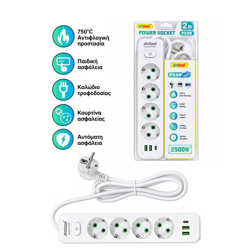 Andowl Πολύπριζο 4 Θέσεων με 2 USB, 1 Type-C, Καλώδιο 2m & Διακόπτη 2500W PX8B – 4-Way Power Strip