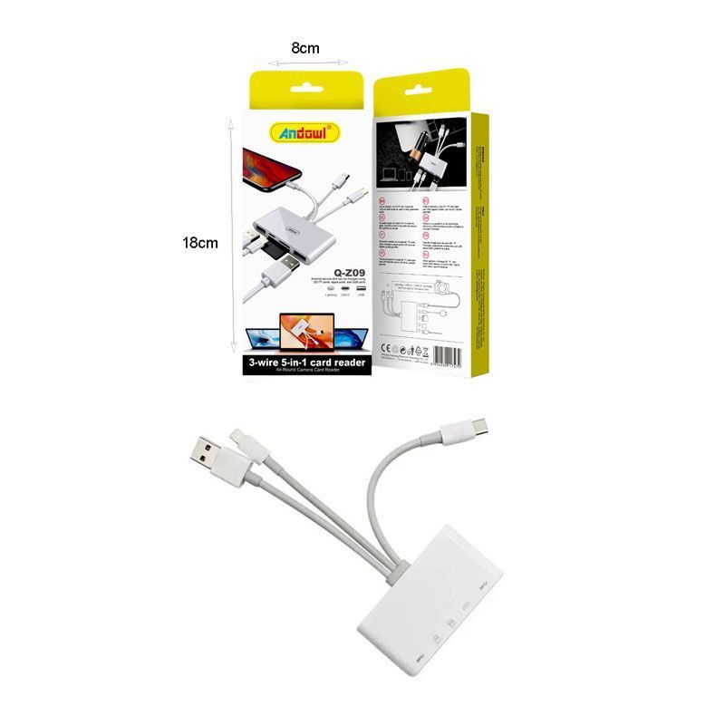 Andowl 5 σε 1 Lightning+Type C+USB A Card Reader με 3 Καλώδια Andowl Q-Z09 - 3-wire  5 in 1 card reader Q-Z09