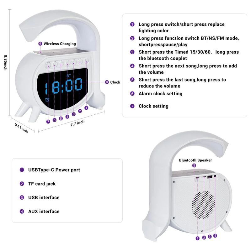 Andowl Ηχείο 4 σε 1 με Bluetooth, ασύρματο φορτιστή, ξυπνητήρι & ρολόι 15W 5A Pro - Wireless Charging Speaker