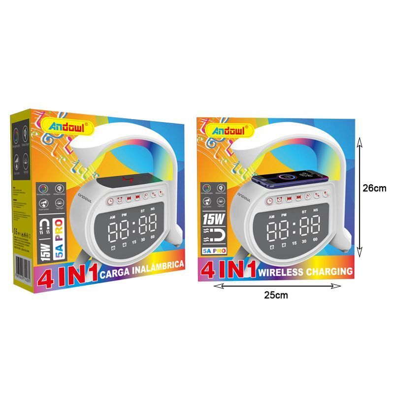 Andowl Ηχείο 4 σε 1 με Bluetooth, ασύρματο φορτιστή, ξυπνητήρι & ρολόι 15W 5A Pro - Wireless Charging Speaker