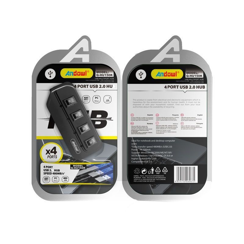 Andowl USB Hub 4 θυρών 2.0 με διακόπτες Q-HU150K - 4 Port USB