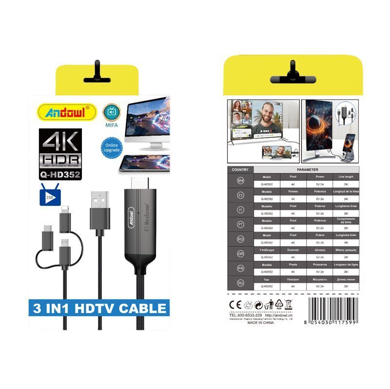 Andowl Καλώδιο USB σε HDTV 3in1 4K HDR Q-HD352 - 3in1 HDTV Cable