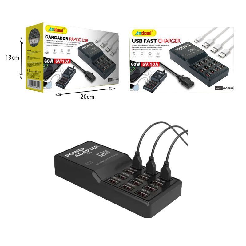 Andowl Βάση Φόρτισης με 12 Θύρες USB-A 60W σε Μαύρο χρώμα Q-CD630 - USB Fast Charger