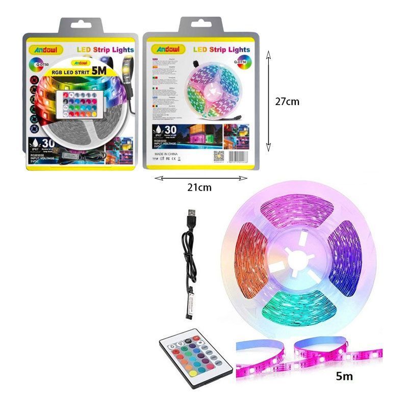 Andowl Αδιάβροχη Ταινία LED Τροφοδοσίας USB (5V) RGB Μήκους 5m και 6 LED ανά Μέτρο με Τηλεχειριστήριο Τύπου SMD5050 Q-DT50 - LED strip lights