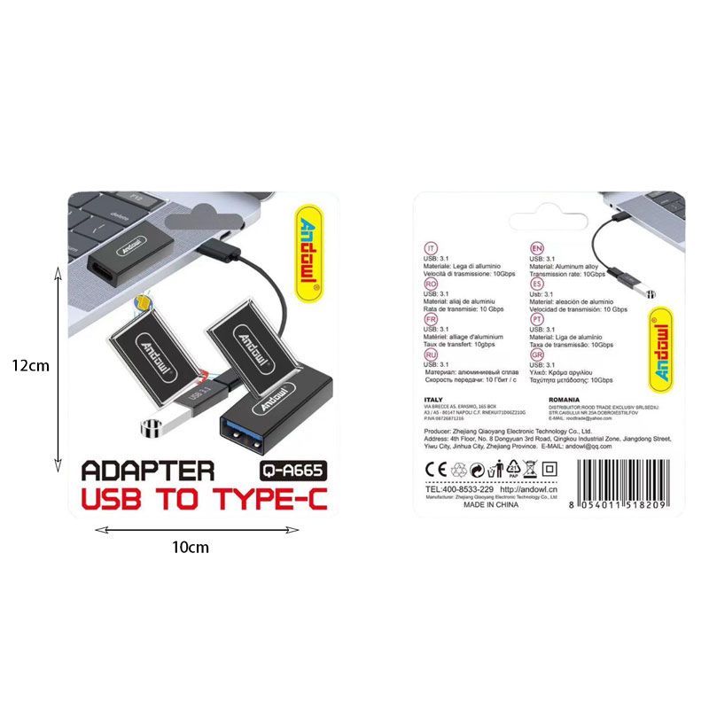 Andowl Μετατροπέας Αντάπτορας Type-C σε USB Q-A665 - USB to Type-C Converter