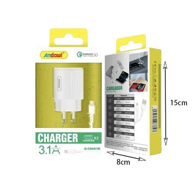 Andowl Φορτιστής με καλώδιο Lightning 3.1A Q-CD661B - Charger