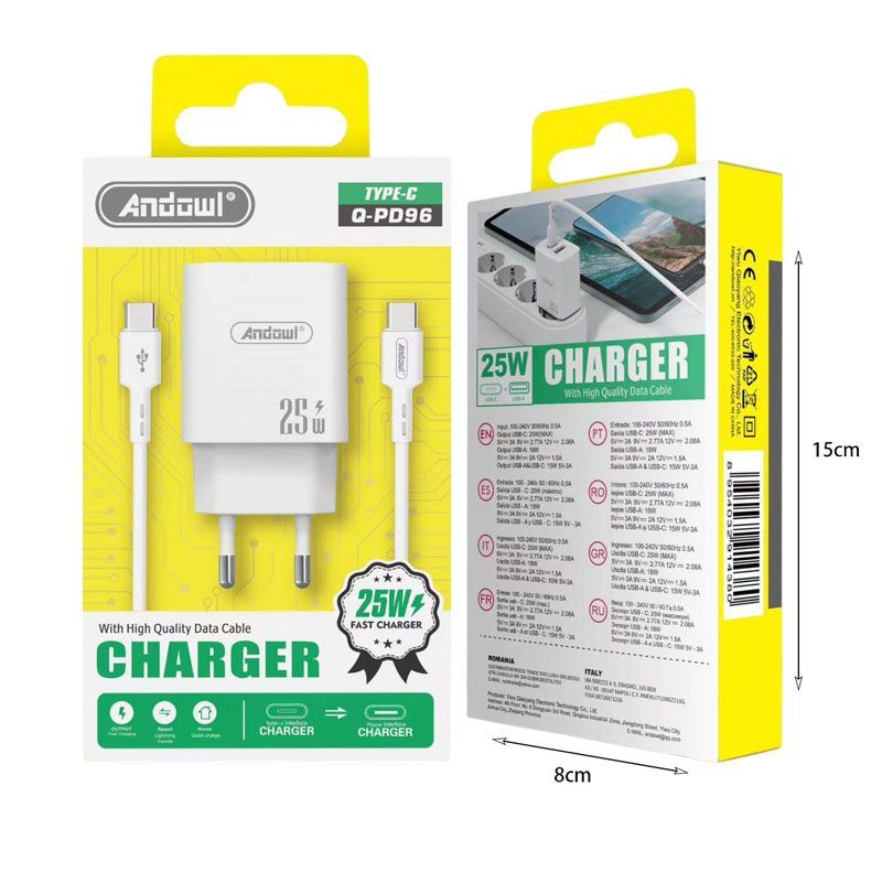Andowl Φορτιστής με καλώδιο Type-C σε Type-C & USB-A 25W Q-PD96 - Charger GADGETS>Αξεσουάρ smartphone>Φορτιστές