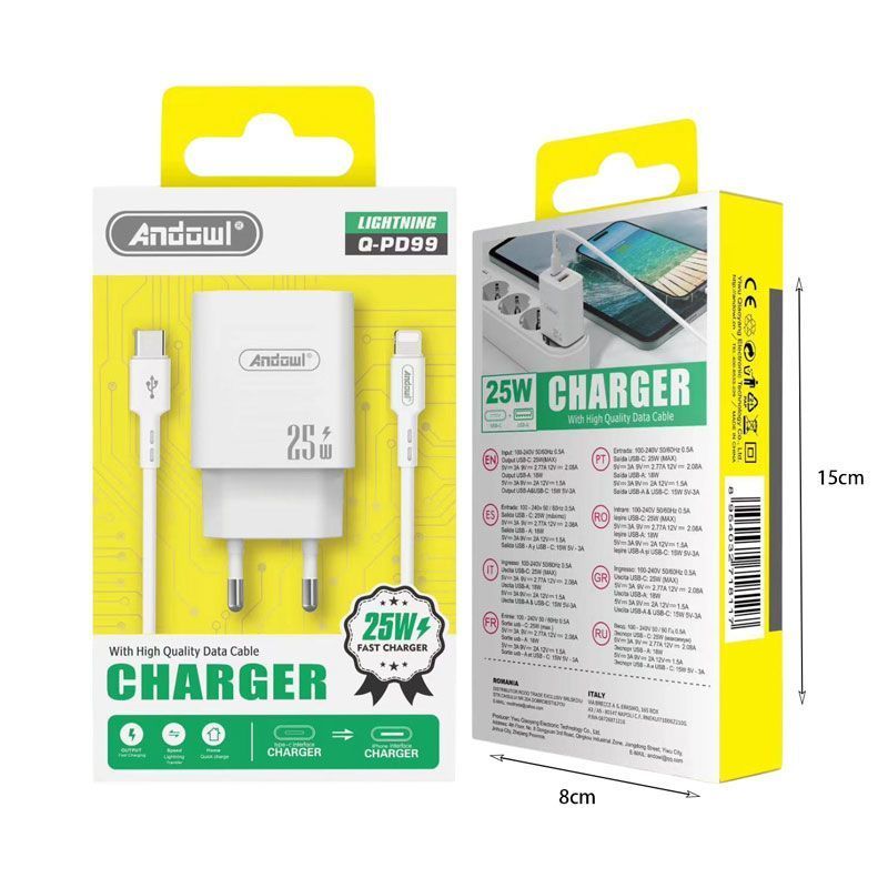 Andowl Φορτιστής με καλώδιο Type-C σε Lightning & θύρα USB-A 25W Q-PD99 - Charger GADGETS>Αξεσουάρ smartphone>Φορτιστές