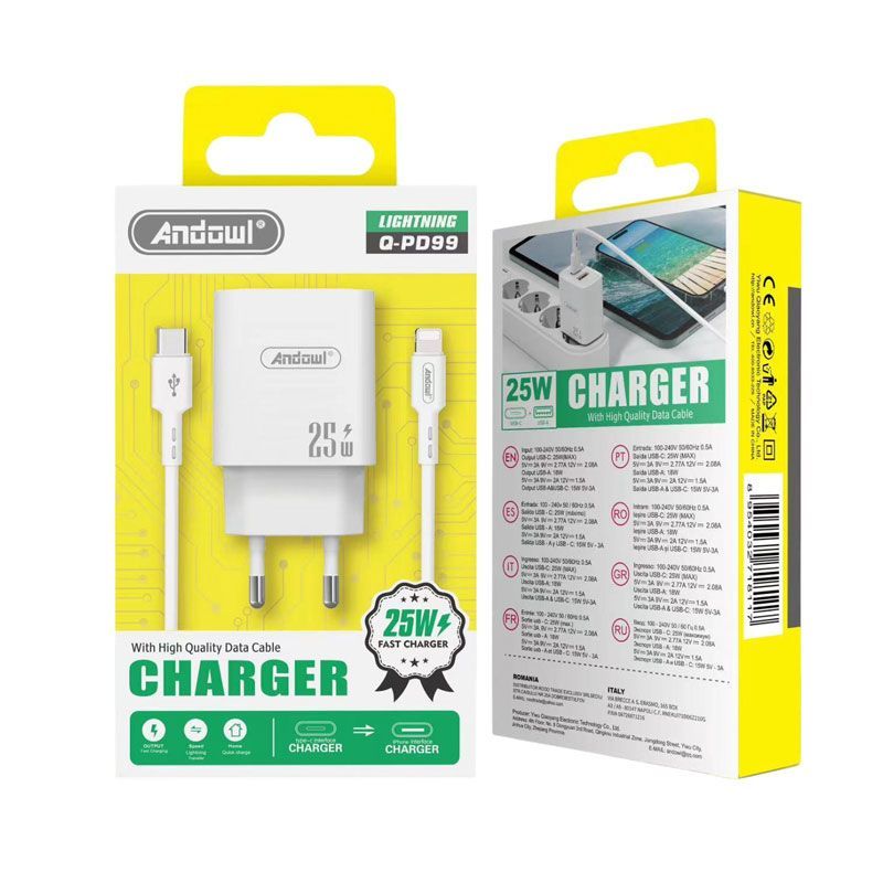 Andowl Φορτιστής με καλώδιο Type-C σε Lightning & θύρα USB-A 25W Q-PD99 - Charger GADGETS>Αξεσουάρ smartphone>Φορτιστές