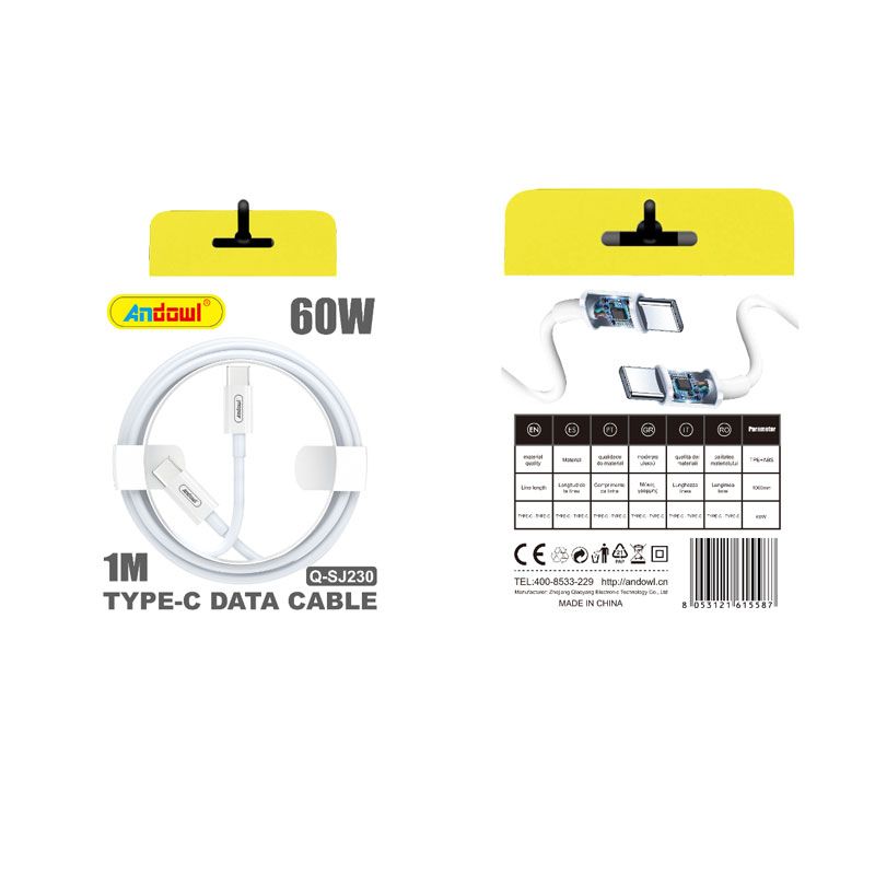 Andowl Q-SJ230 Καλώδιο γρήγορης φόρτισης TypeC 60W PD 1m Λευκό - Data Cable