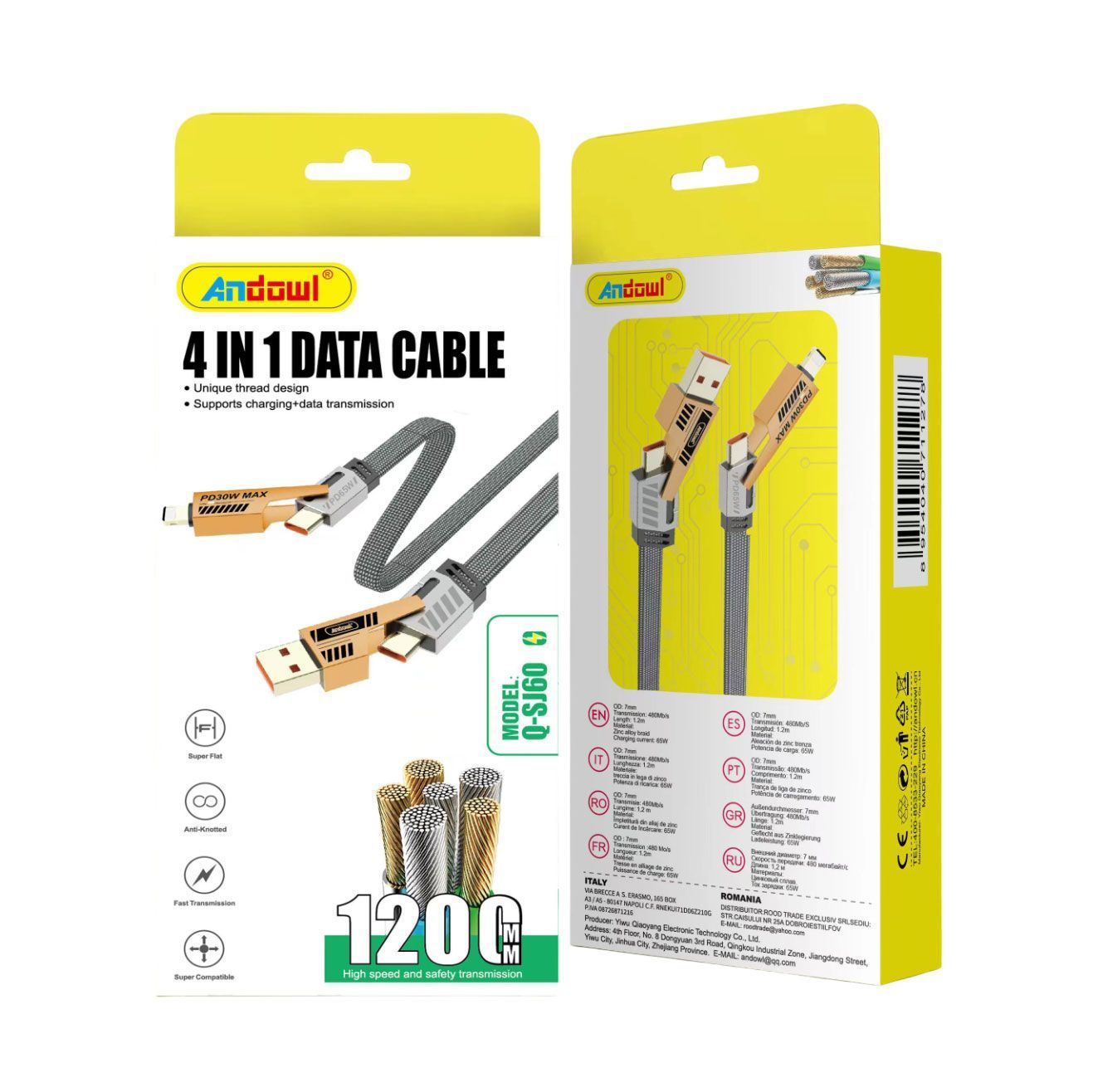 Andowl Καλώδιο Δεδομένων 4σε1 65W 120cm Q-SJ60 - 4in1 Data Cable