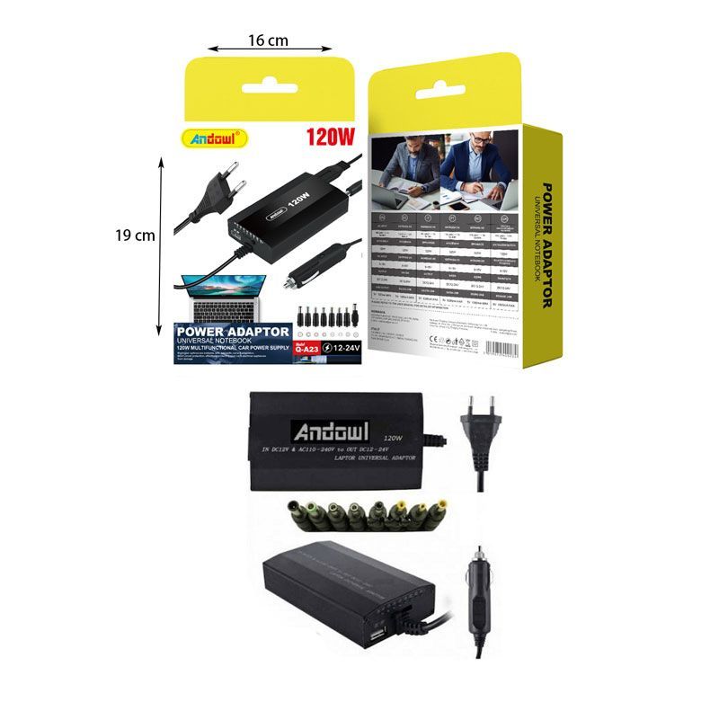 Andowl Universal Φορτιστής Laptop 120W 24V με Αποσπώμενο Καλώδιο Τροφοδοσίας και με σετ βυσμάτων Q-A23 - Power Adaptor