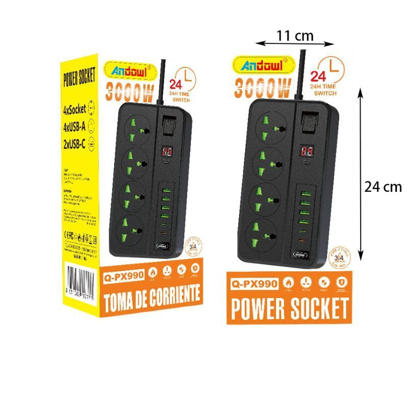 Andowl Πολύμπριζο 4 θέσεων με θύρες USB και Type-C 3000W Q-PX990 - Power Socket