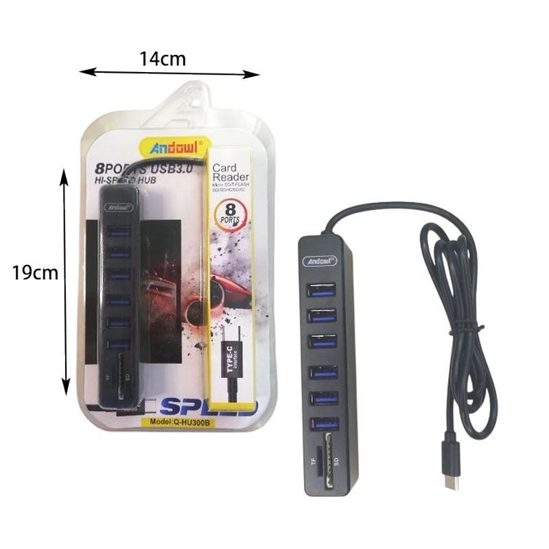 Andowl USB 3.0 Hub 8 Θυρών με σύνδεση USB-C Q-HU300B - Card Reader