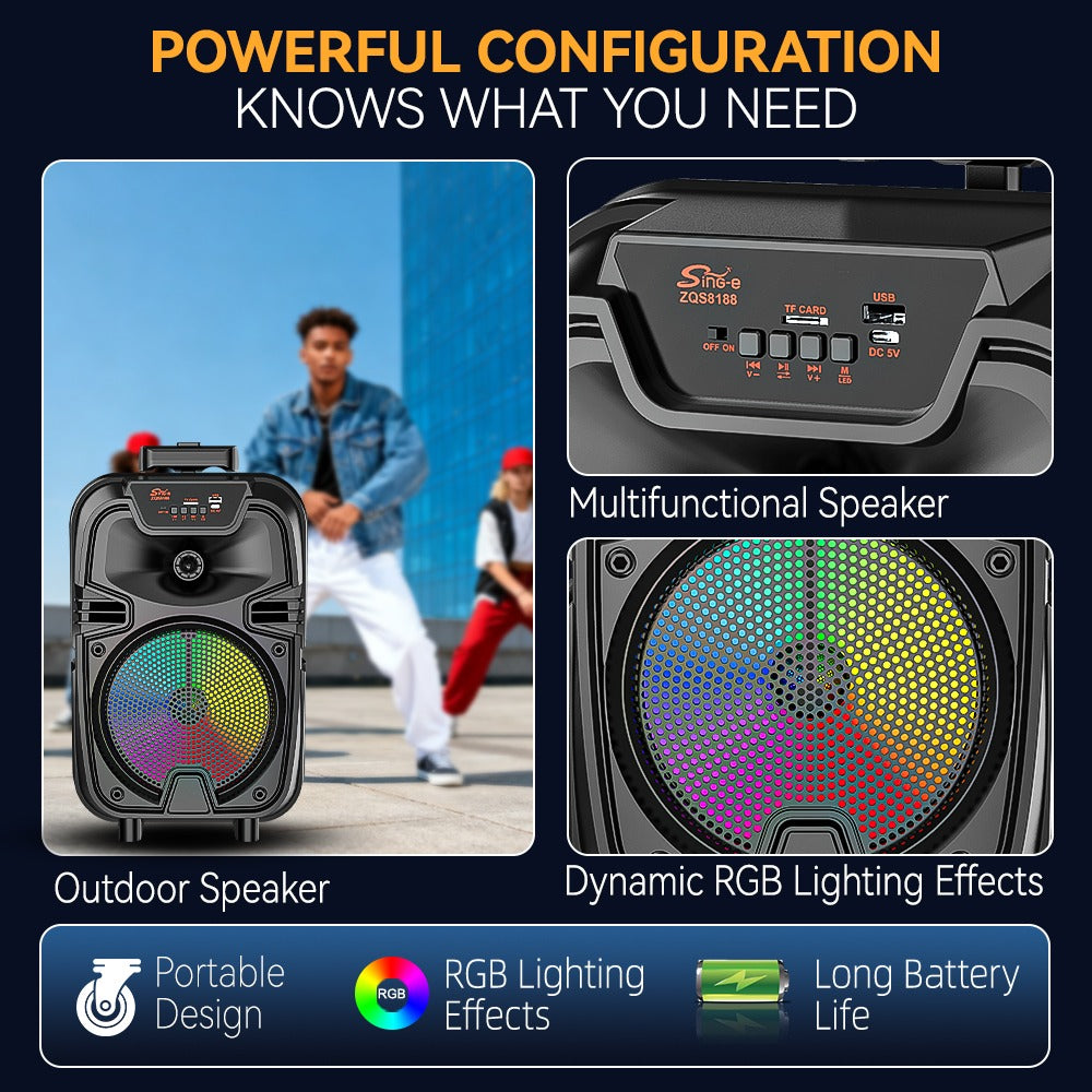 Sing-e Φορητό Bluetooth Ηχείο Karaoke 8" με Ασύρματο Μικρόφωνο & LED Φωτισμό ZQS8188- 8" Portable Bluetooth Karaoke Speaker with Wireless Microphone & LED Lights