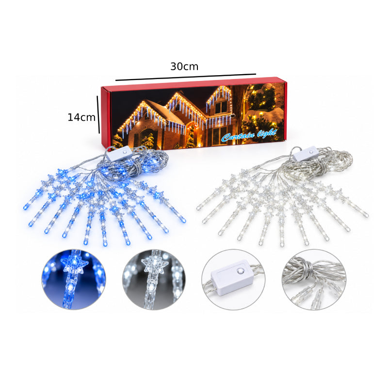 Χριστουγεννιάτικη Κουρτίνα LED 3m x 70cm με 10 Κρεμαστές Στήλες Ψυχρό & Μπλε Φως - Christmas LED Curtain Lights 3m x 70cm with 10 Hanging Strands Cool White & Blue