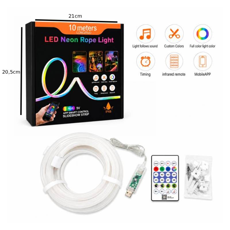 Έξυπνη RGB LED Neon Rope Light 10 Μέτρων USB με Τηλεχειριστήριο, Εφαρμογή και IP68 - LED Neon Rope Light 10M