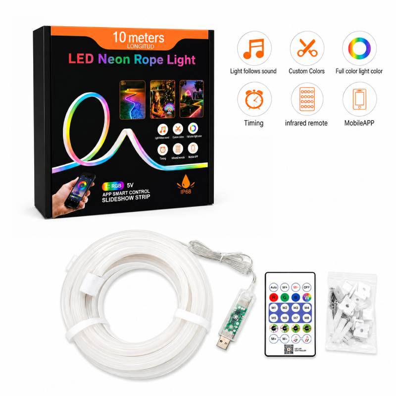 Έξυπνη RGB LED Neon Rope Light 10 Μέτρων USB με Τηλεχειριστήριο, Εφαρμογή και IP68 - LED Neon Rope Light 10M