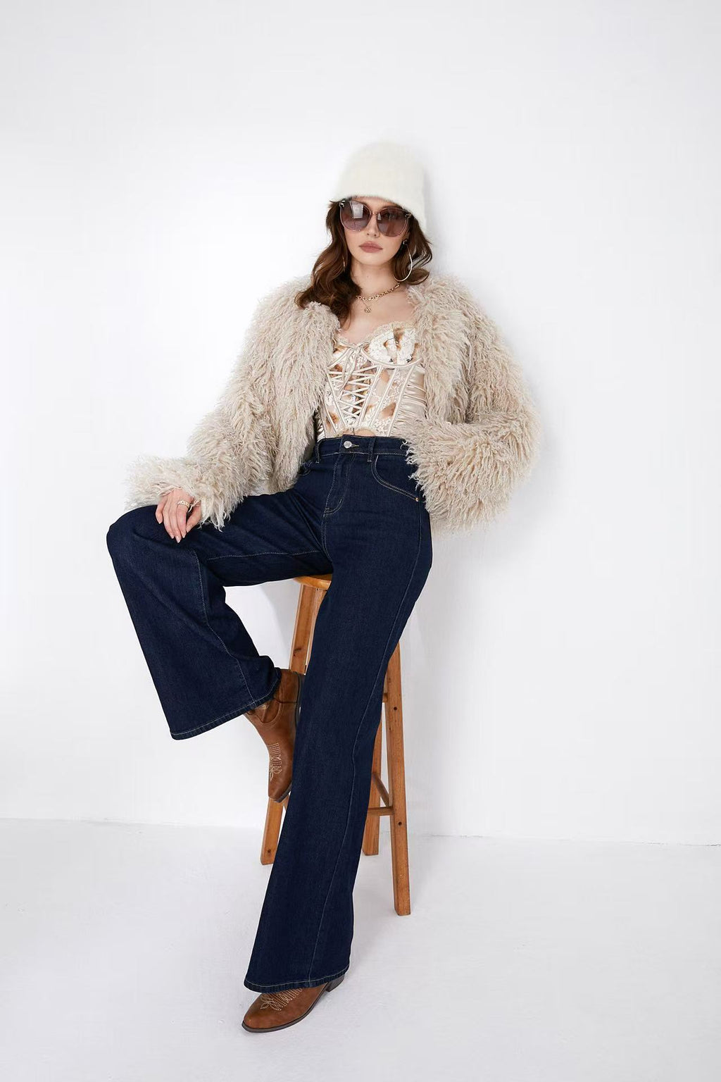 Adoro High Waisted Women's Jean Pants Flare Dark Blue