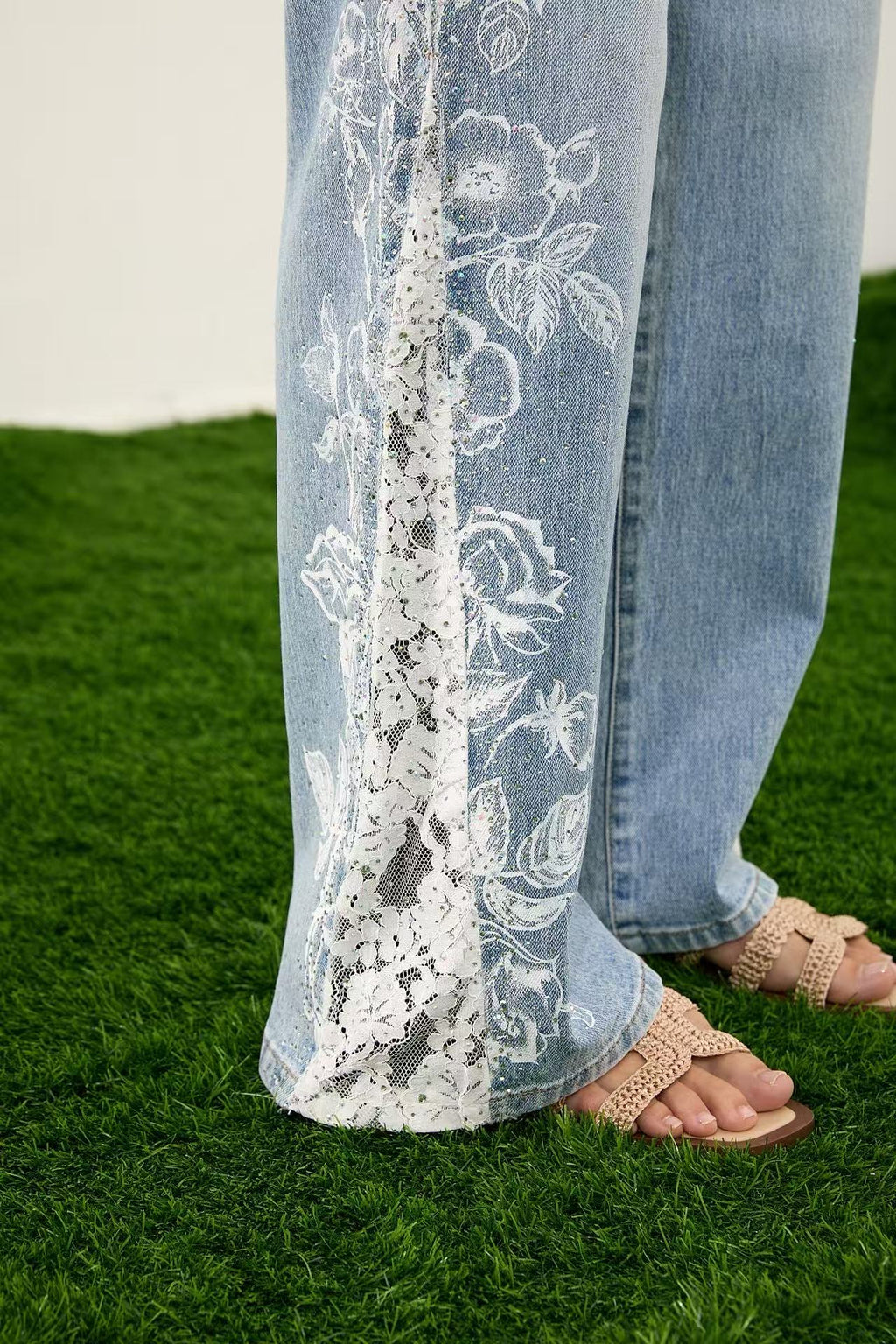 ADORO Women's High Waist Jeans with Lace &amp; Print Blue