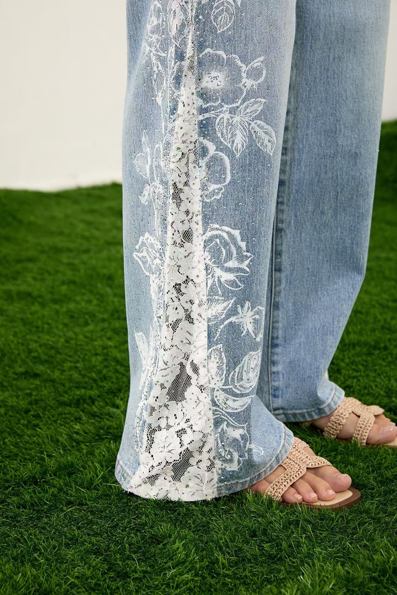 ADORO Women's High Waist Jeans with Lace &amp; Print Blue