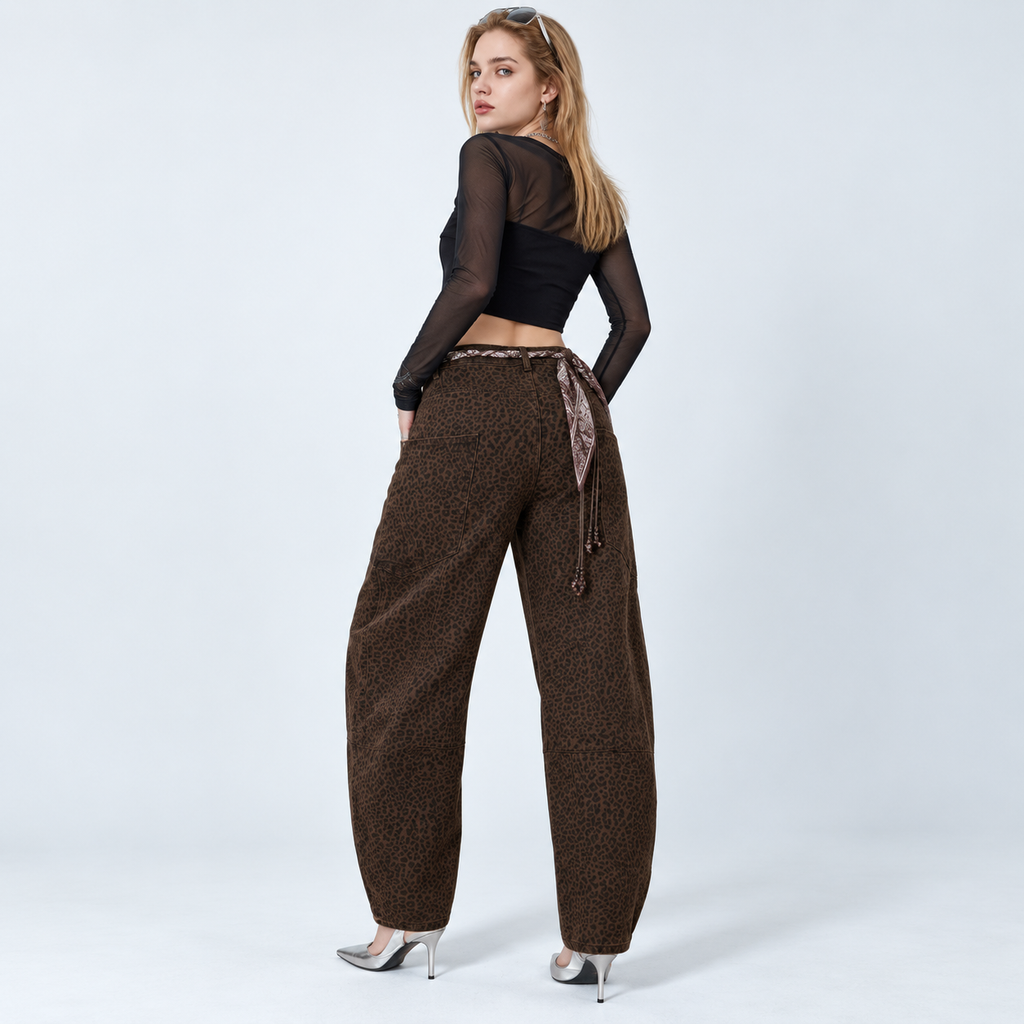 Angel Shopping Γυναικείο Τζιν Παντελόνι Wide Leg με Λεοπάρ Σχέδιο και Ζώνη Καφέ