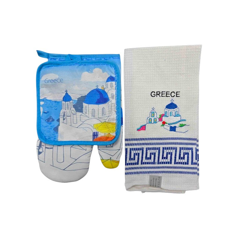 Πετσέτα ποτηρόπανο με γάντι & πιάστρα φούρνου Souvenir - Σετ 6pcs - Greece - 107906