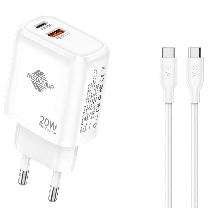 Wisdomup Φορτιστής Κινητού USB-C και USB με Καλώδιο Type-C σε Type-C 20W OCD-31T - Fast Charger with Type-C to Type-C Cable