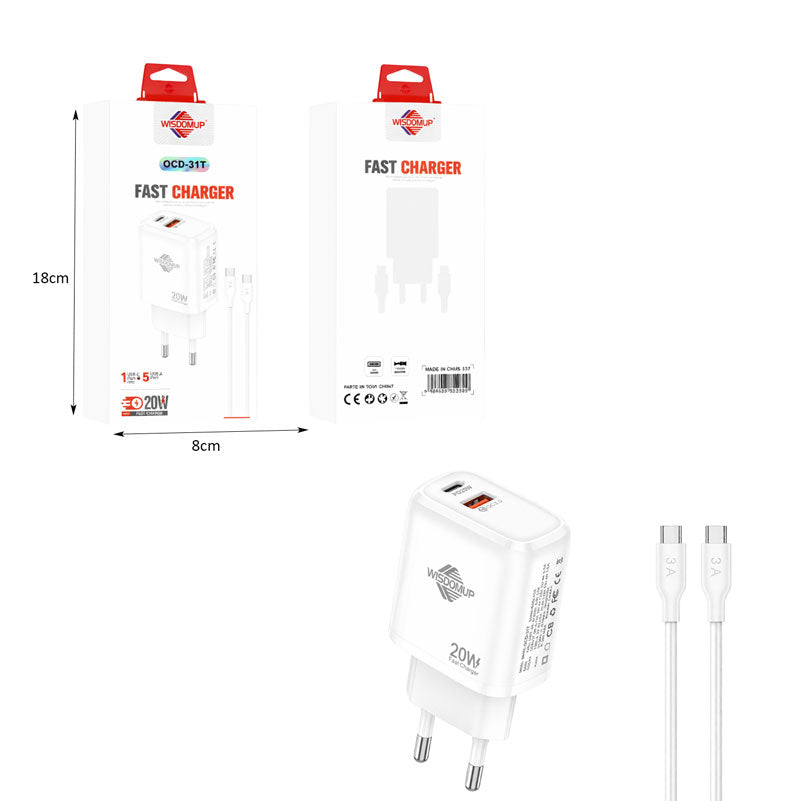 Wisdomup Φορτιστής Κινητού USB-C και USB με Καλώδιο Type-C σε Type-C 20W OCD-31T - Fast Charger with Type-C to Type-C Cable