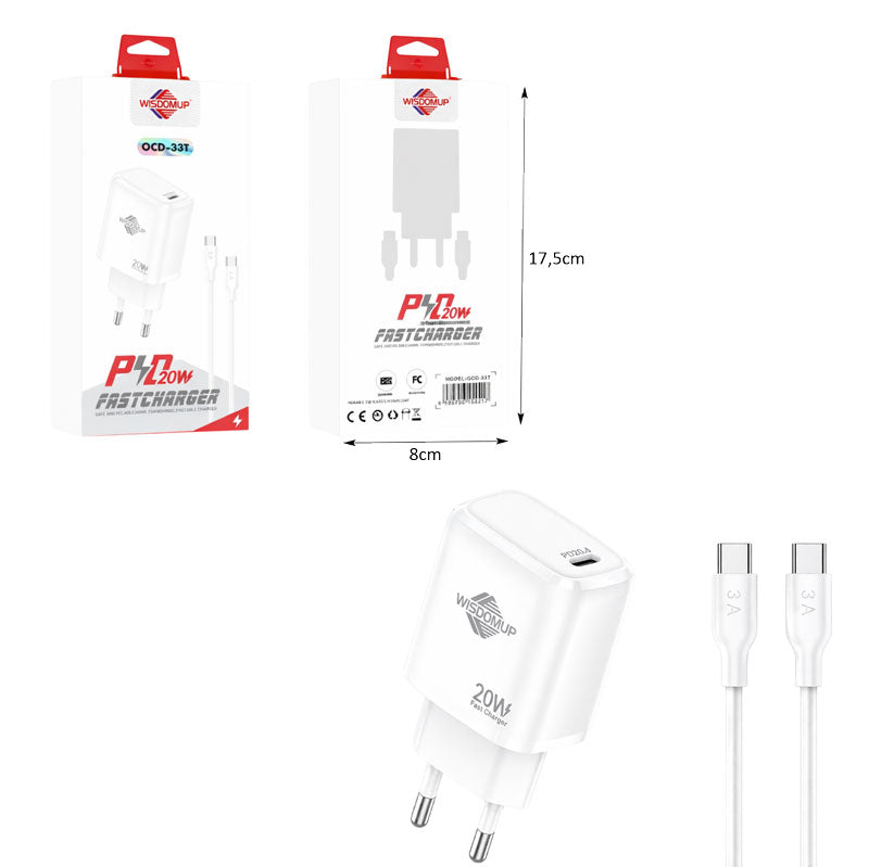 Wisdomup Φορτιστής Κινητού USB-C με Καλώδιο Type-C σε Type-C 20W OCD-33T - Fast Charger with Type-C to Type-C Cable