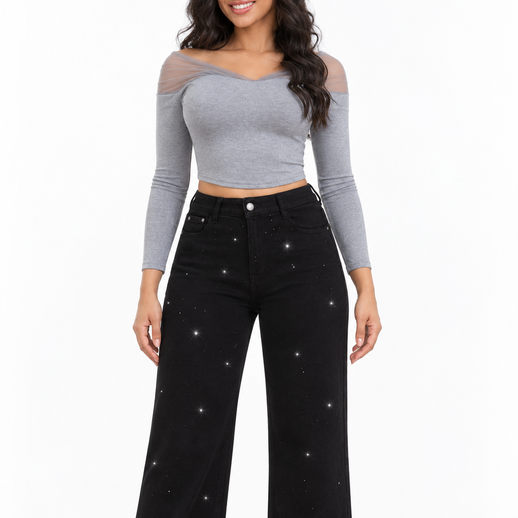 Miss Good Γυναικείο Τζιν Παντελόνι Ψηλόμεσο Wide Leg με Στρας Μαύρο