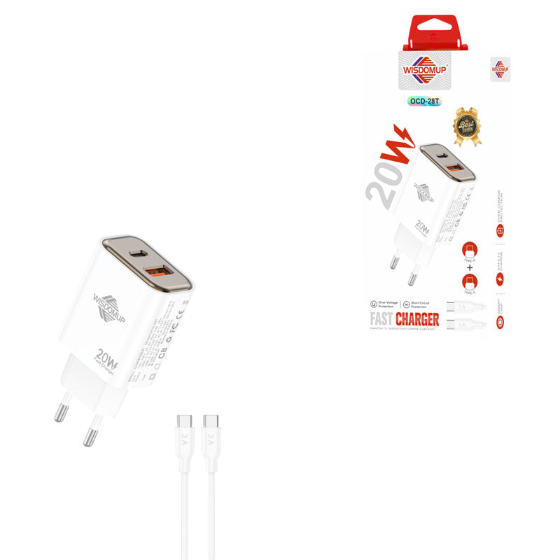 Wisdomup Φορτιστής Ταχείας Φόρτισης 20W USB & Type C με Καλώδιο Type C σε Type C OCD-28T – Fast Charger USB & Type C with Type C to Type C Cable