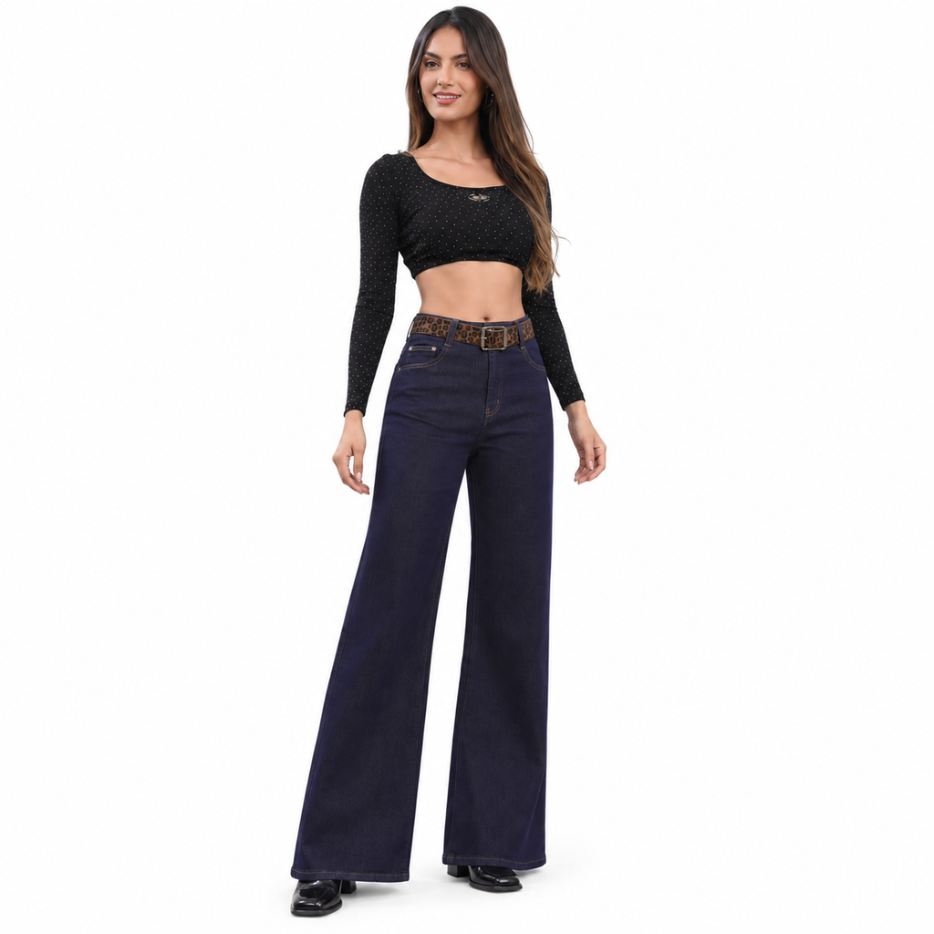 Angel Shopping Γυναικείο Τζιν Παντελόνι Ψηλόμεσο Wide Leg με Ζώνη Σκούρο Μπλε