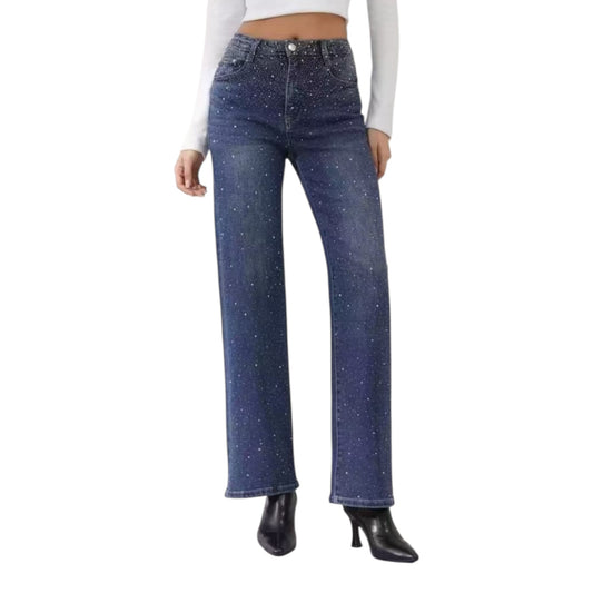 MISS GOOD Jeans With Rhinestones Straight Leg Blue