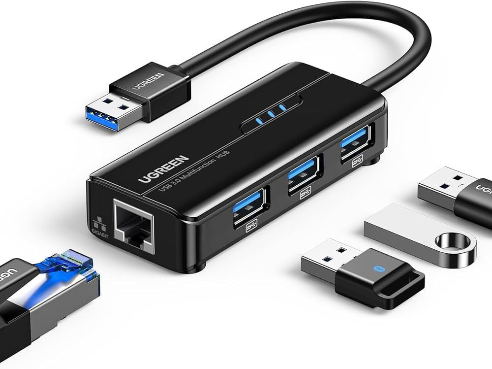 千兆网卡+3口 HUB 适配器 ugreen usb 3.0 superspeed wired gigabit lan adapter with 3ports usb hub - Αξεσουάρ Υπολογιστών & TV
