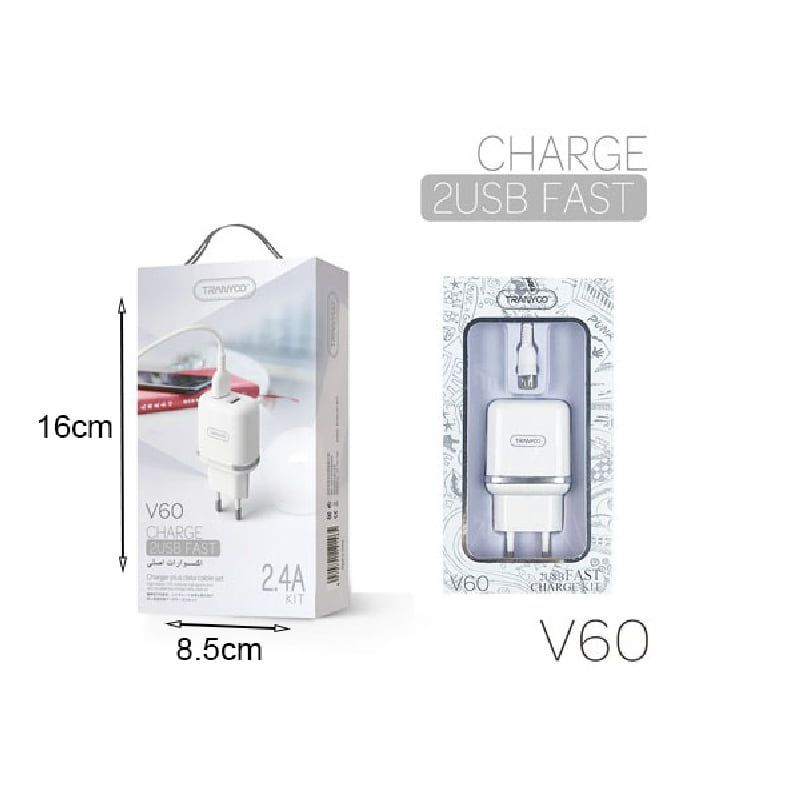 Tranyoo Φορτιστής με καλώδιο micro 2USB V60 2.4A – Charger 2USB Fast