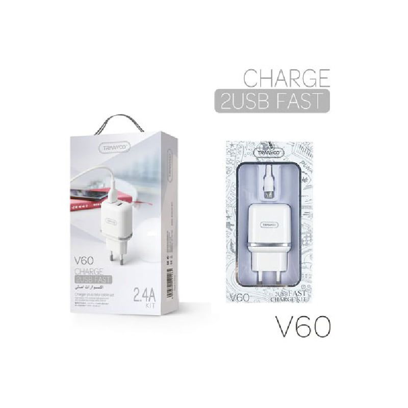 Tranyoo Φορτιστής με καλώδιο micro 2USB V60 2.4A – Charger 2USB Fast