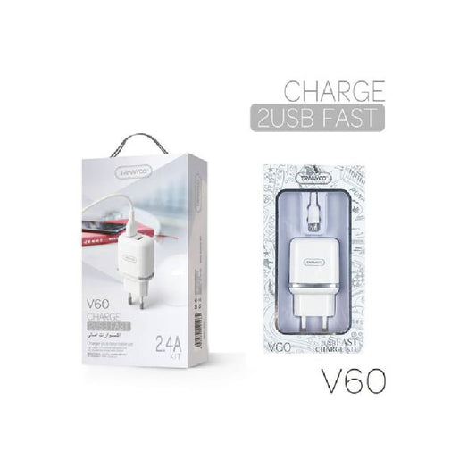 Tranyoo Φορτιστής με καλώδιο micro 2USB V60 2.4A – Charger 2USB Fast
