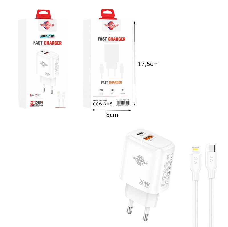 Wisdomup Φορτιστής Κινητού USB-C και USB με Καλώδιο Lightning σε Type-C 20W OCD-31P - Fast Charger with Lightning to Type-C Cable