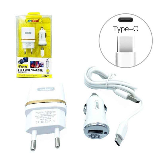 Andowl Σετ Αυτοκίνητου και Πρίζας με Θύρα USB-A και Καλώδιο USB-C Λευκός Q-DC60B