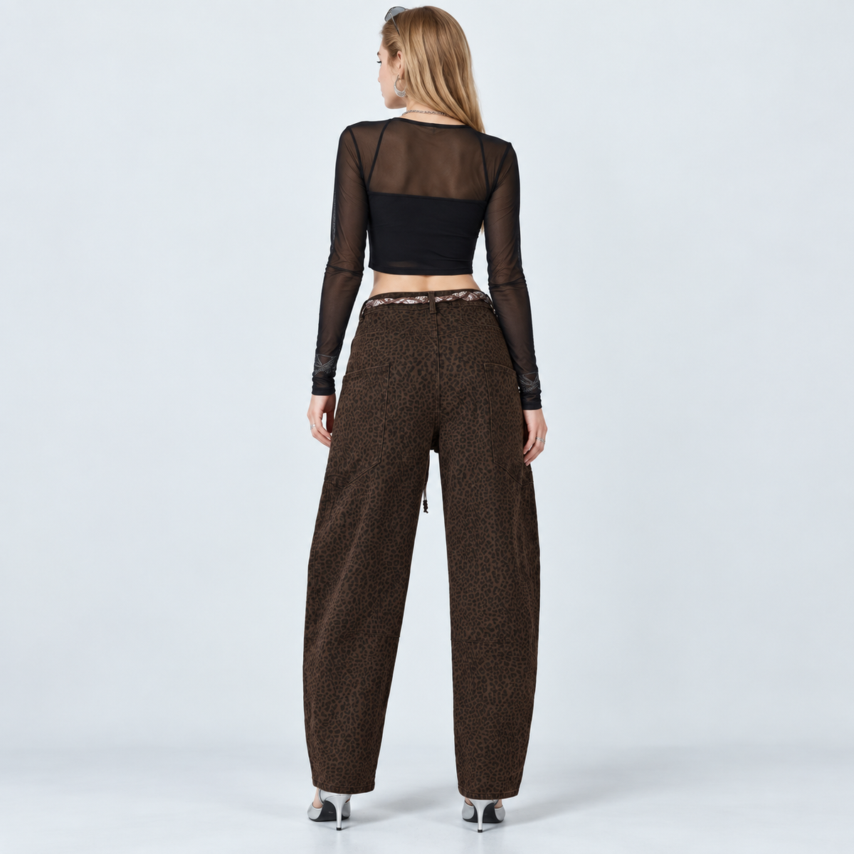 Angel Shopping Γυναικείο Τζιν Παντελόνι Wide Leg με Λεοπάρ Σχέδιο και Ζώνη Καφέ