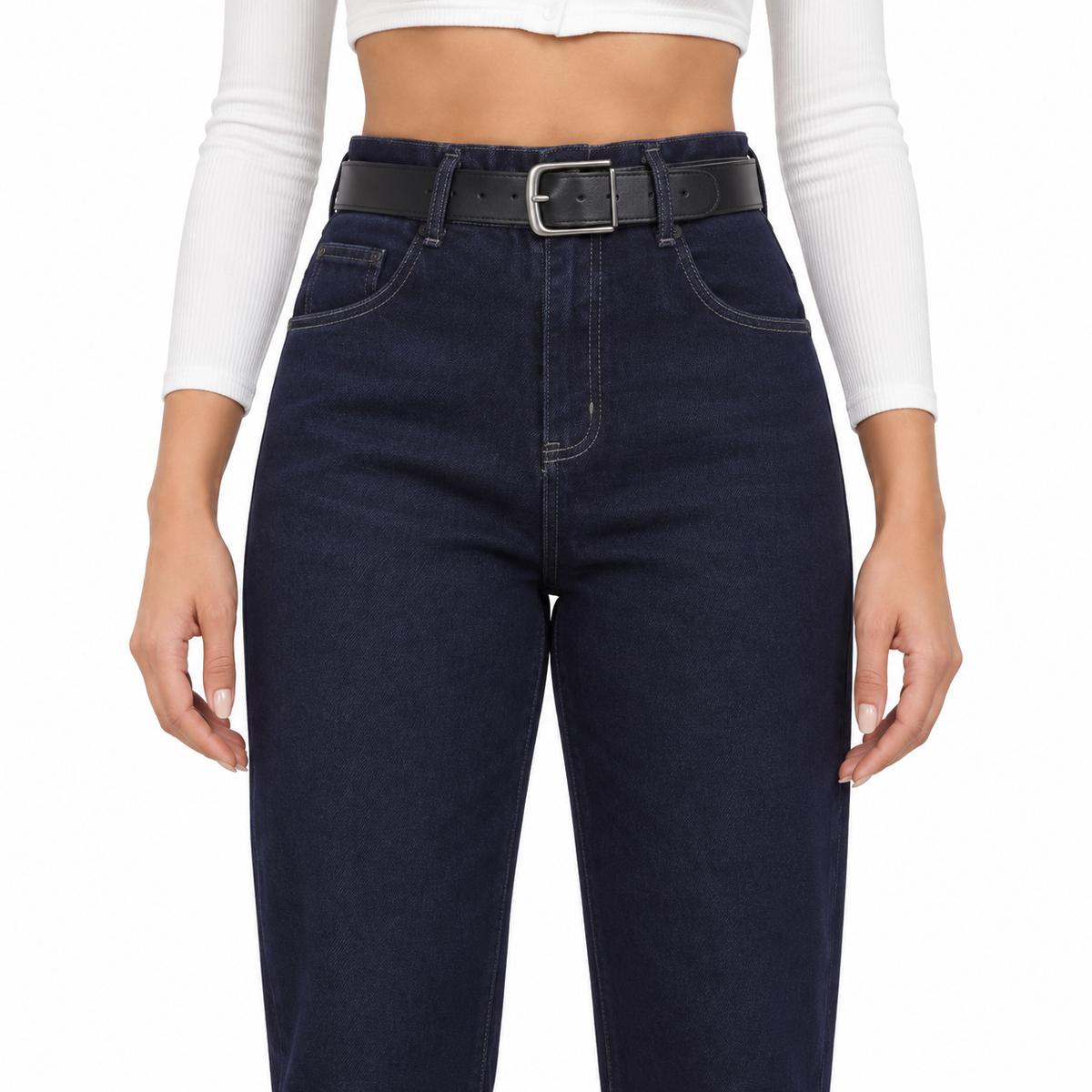 Γυναικείο Τζιν Παντελόνι Ψηλόμεσο Mom Fit με Ζώνη Μπλε